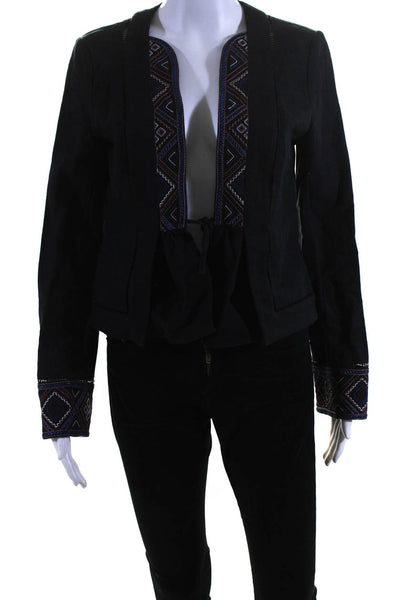Intermix Womens Embroidered Canvas Tie Front Jacket Black Linen Size Petite