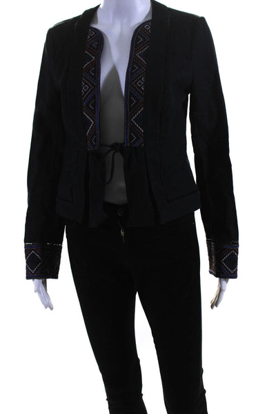 Intermix Womens Embroidered Canvas Tie Front Jacket Black Linen Size Petite
