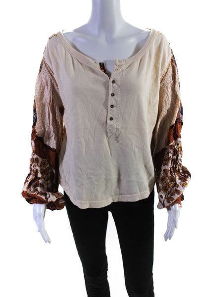 Free People Womens Cotton Floral Patchwork Sleeve Buttoned Blouse Brown Size M
