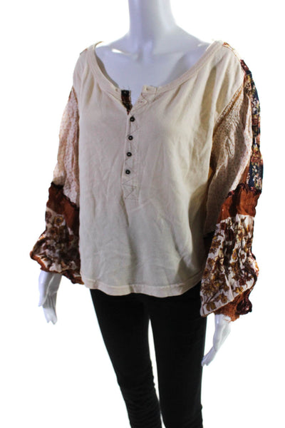 Free People Womens Cotton Floral Patchwork Sleeve Buttoned Blouse Brown Size M