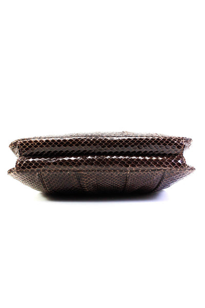 Judith Leiber Womens Snakeskin Leather Jeweled Lip Latch Clutch Handbag Brown