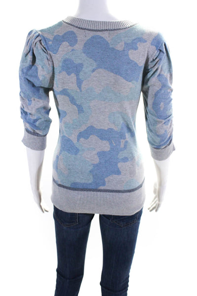 Central Park West Womens Camouflage Half Sleeved Knit Blouse Blue Gray Size XS
