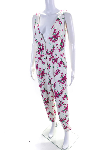 Rachel Zoe Womens Floral Print V-Neck Sleeveless Jumpsuit One Piece White Size S