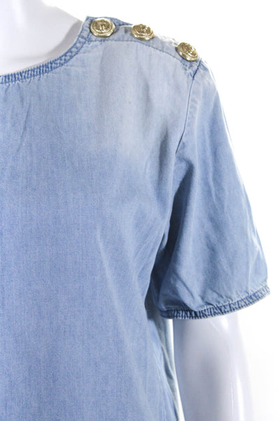 Balmain Womens Short Sleeved Buttoned Shoulder Round Neck Blouse Blue Size 38