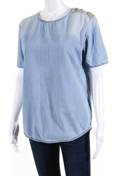 Balmain Womens Short Sleeved Buttoned Shoulder Round Neck Blouse Blue Size 38