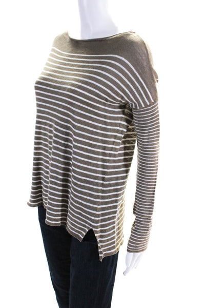 Vince Womens Linen Knit Striped Boat Neck Long Sleeve Sweater Top Brown Size S