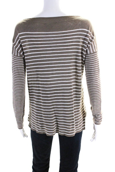 Vince Womens Linen Knit Striped Boat Neck Long Sleeve Sweater Top Brown Size S
