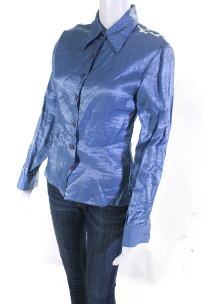 Variazioni Women's Long Sleeve Metallic Sheen Button Down Blouse Blue Size 4