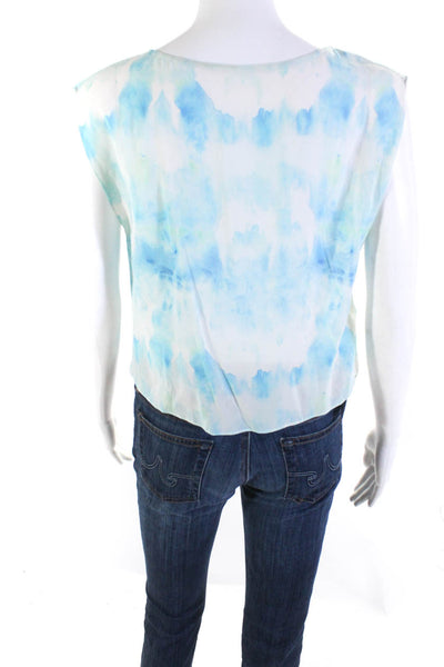 Designer Women's Silk Tie-Dye Print Sleeveless Open Back Blouse Blue Size S