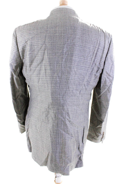 Trussini Mens Wool Plaid Print Button Collar Long Sleeve Blazer Gray Size 54