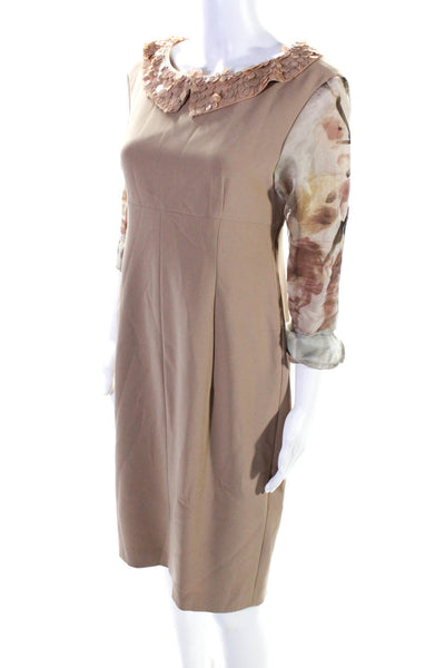 Max Mara Womens Brown Sequins Collar Zip Back 3/4 Sleeve Shift Dress Size 12