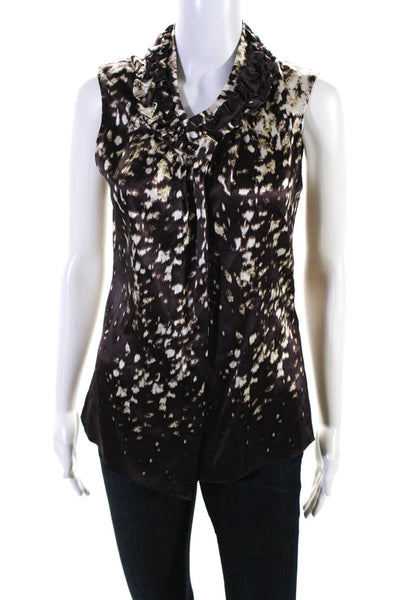 Elie Tahari Womens Brown Silk Abstract Print Ruffle Sleeveless Blouse Top Size S