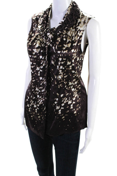 Elie Tahari Womens Brown Silk Abstract Print Ruffle Sleeveless Blouse Top Size S