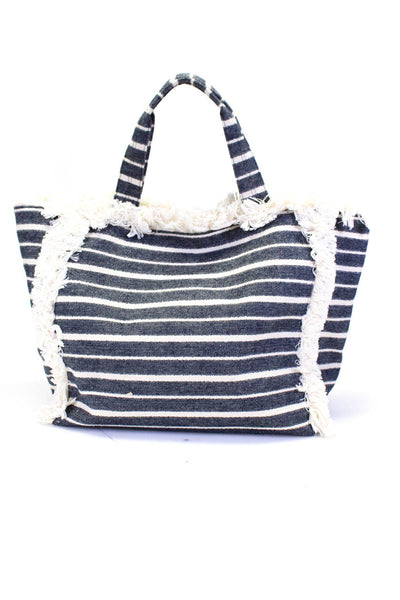 Hatattack Womens Large Fringe Trim Striped Canvas Tote Handbag Blue White