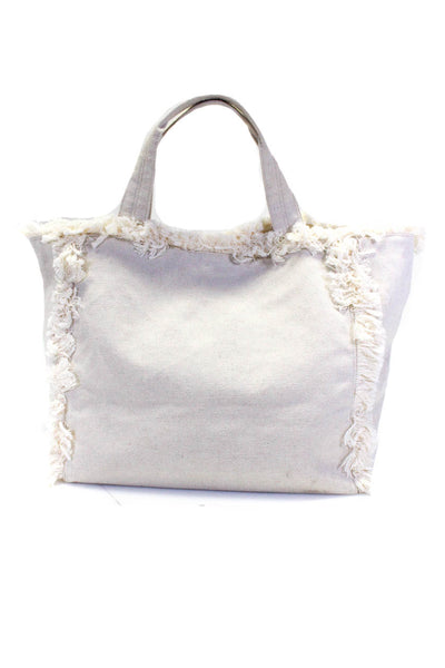 Hatattack Womens Double Handle Snap Top Fringe Canvas Large Tote Handbag White