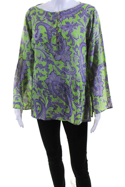 Milly Cabana Womens Cotton Paisley V-Neck Tunic Top Blouse Green Size M