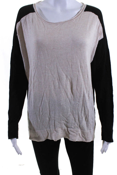 Donna Karan Womens Knit Two Tone Long Sleeve Scoop Neck Sweater Top Beige Size L