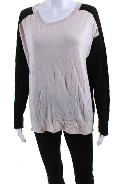 Donna Karan Womens Knit Two Tone Long Sleeve Scoop Neck Sweater Top Beige Size L