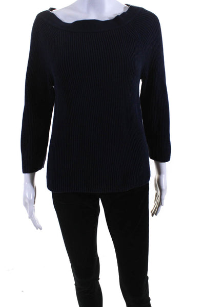 J Crew Womens Cotton Ribbed Knit Crew Neck Long Sleeve Sweater Top Navy Size M