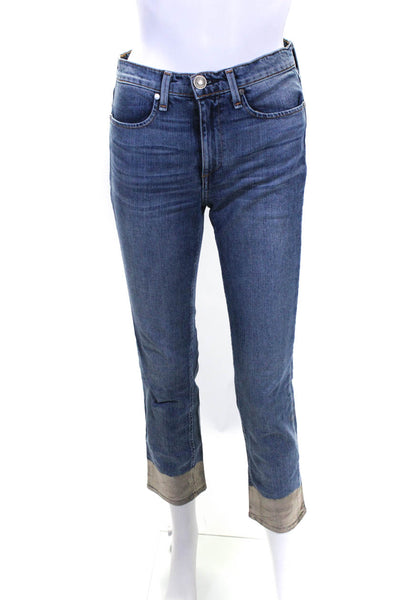 Rag & Bone Womens Metallic Hem High Waist Straight Leg Jeans Blue Gold Size 25
