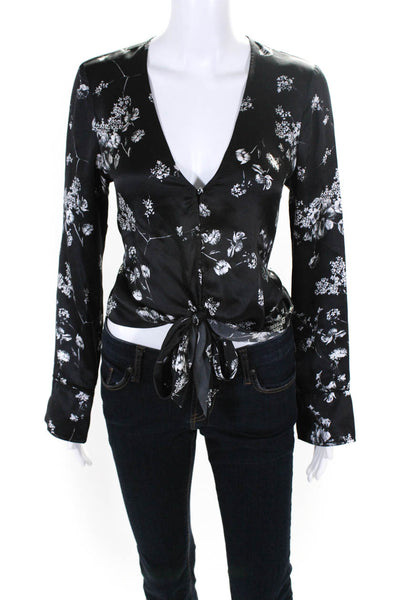 Cami NYC Womens Long Sleeve V Neck Floral Satin Top Blouse Black White Size XS