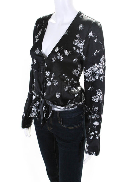 Cami NYC Womens Long Sleeve V Neck Floral Satin Top Blouse Black White Size XS