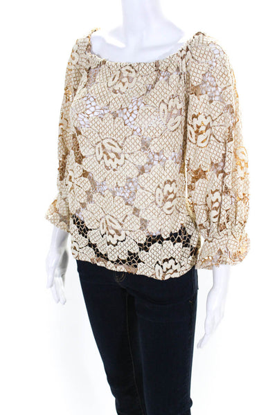 Anne Fontaine Womens Off Shoulder Long Sleeve Floral Lace Top Blouse Beige FR 40