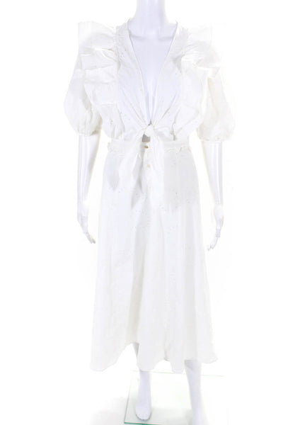 Sessun Womens Miranda Eyelet Puff Sleeve Tie Front Midi A Line Dress White Small