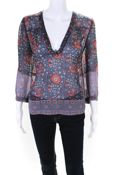 Joie Womens Purple Silk Floral Print V-Neck Sheer Long Sleeve Blouse Top Size