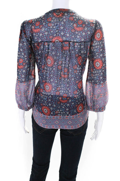 Joie Womens Purple Silk Floral Print V-Neck Sheer Long Sleeve Blouse Top Size