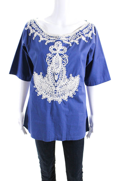 Roberta Freymann Womens Half Sleeve Embroidered Tunic Shirt Blue Size Large
