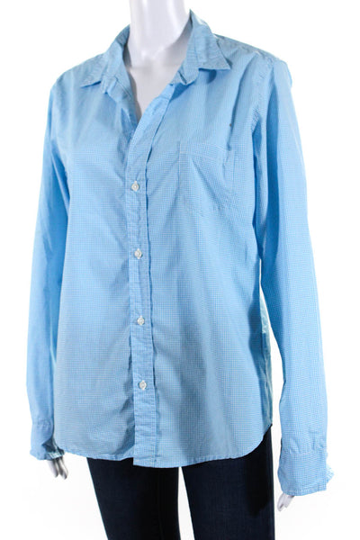 Frank & Eileen Womens Cotton Check Print Button Up Blouse Top Blue Size L