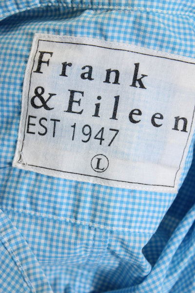 Frank & Eileen Womens Cotton Check Print Button Up Blouse Top Blue Size L