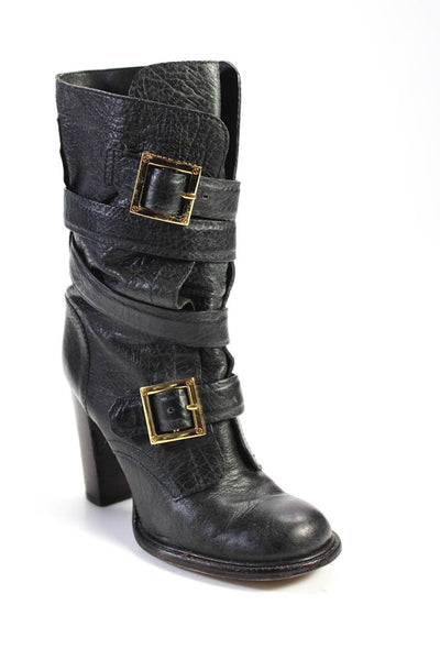 Tory Burch Womens Leather Buckled Zipped Mid-Calf Block Heels Black Size 7
