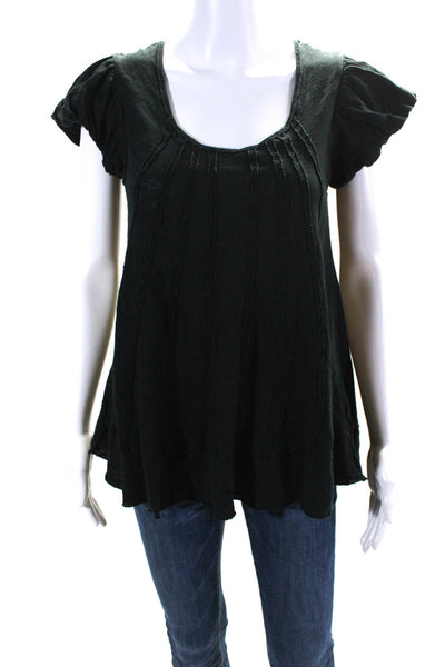 We The Free Womens Linen Darted Short Sleeve Pullover Blouse Top Black Size XS