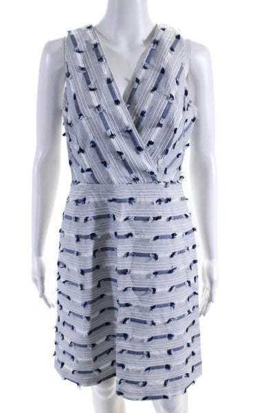 Shoshanna Womens Back Zip Sleeveless V Neck Striped Dress White Blue Size 6