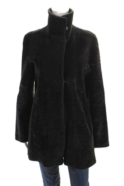 Roberta Freymann Women's Collar Long Sleeves Leather Coat Black Size XS