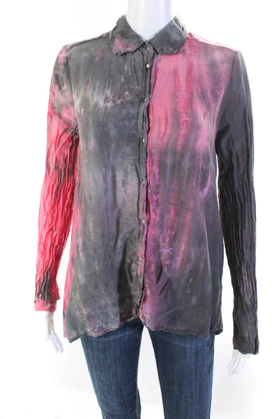 XCVI Womens Cotton Tie Dye Buttoned-Up Long Sleeve Blouse Top Pink Size S