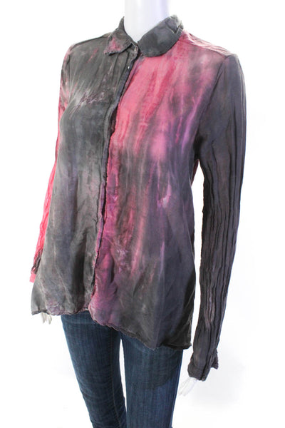 XCVI Womens Cotton Tie Dye Buttoned-Up Long Sleeve Blouse Top Pink Size S