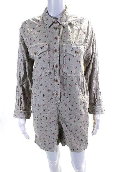 The Great Womens Cotton Floral Print Long Sleeve Buttoned Romper Beige Size 1