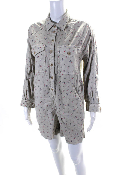 The Great Womens Cotton Floral Print Long Sleeve Buttoned Romper Beige Size 1