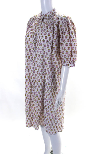 Le Bazar Women's Round Neck Short Sleeves Floral Cotton Midi Dress Size S