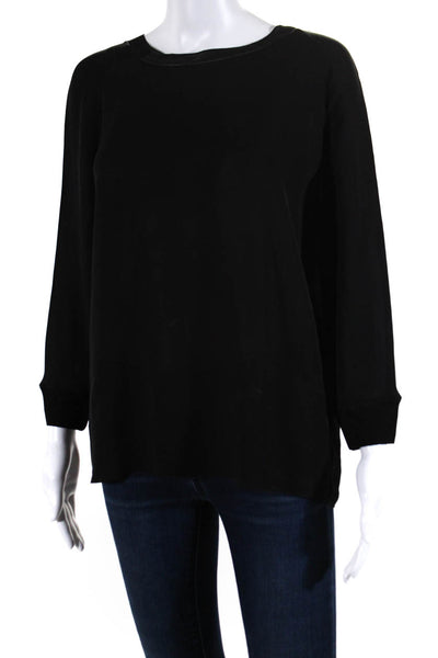 Vince Womens Silk Ribbed Round Neck Long Sleeve Pullover Blouse Black Size S