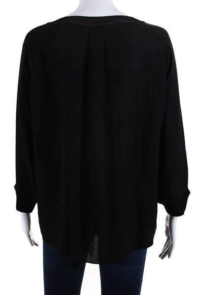 Vince Womens Silk Ribbed Round Neck Long Sleeve Pullover Blouse Black Size S