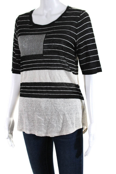 Vince Womens Linen Colorblock Striped Short Sleeve Pullover Top Black Size S