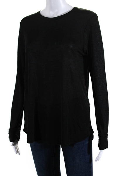 Vince Womens Round Neck Long Sleeve Pullover Sheer Blouse Top Black Size S