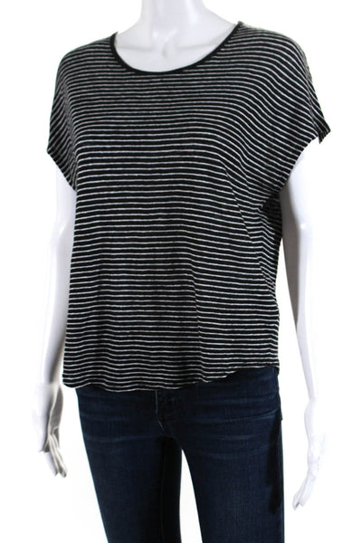 Vince Womens Linen Striped Print Short Sleeve Pullover T-Shirt Black Size XS