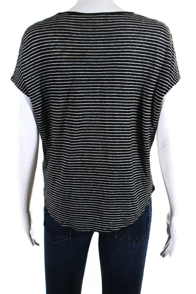 Vince Womens Linen Striped Print Short Sleeve Pullover T-Shirt Black Size XS