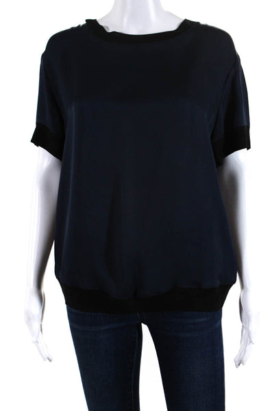Vince Womens Silk Striped Hem Short Sleeve Pullover Blouse Top Navy Size S