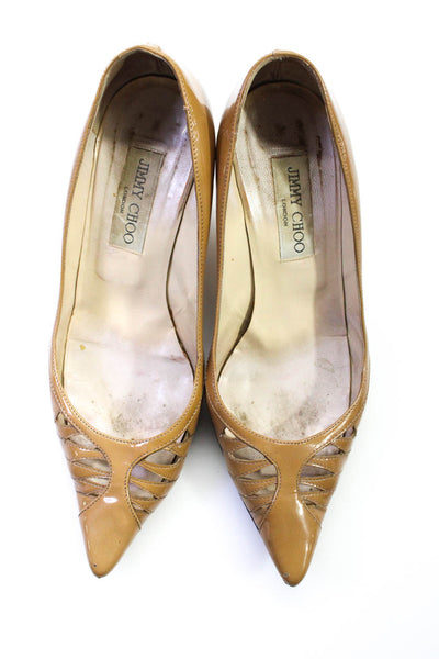 Jimmy Choo Women's Patent Leather Mid Heel Pointed Toe Pumps Beige Size 38